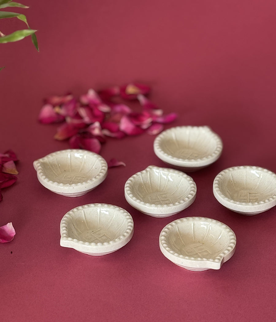 White Swastic Diya Set of 6