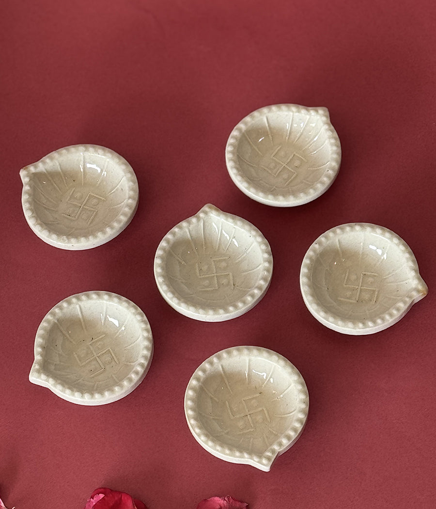 White Swastic Diya Set of 6