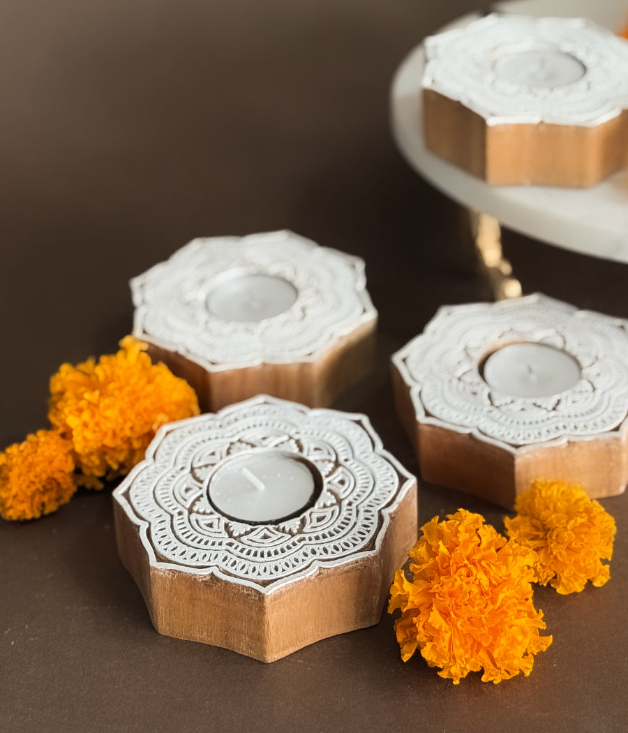 Handcrafted Flower Shape Wooden Diya - Set of 4