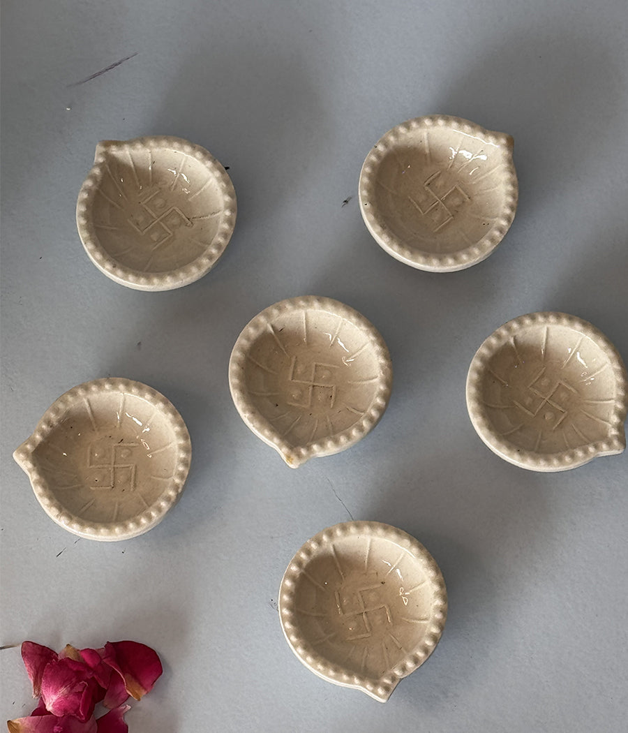 White Swastic Diya Set of 6