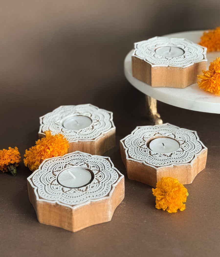 Handcrafted Flower Shape Wooden Diya - Set of 4