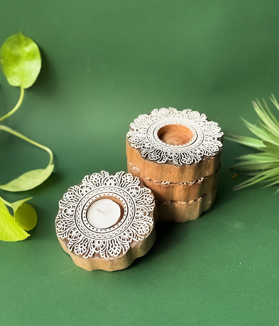 Flower Carved Wooden Diyas