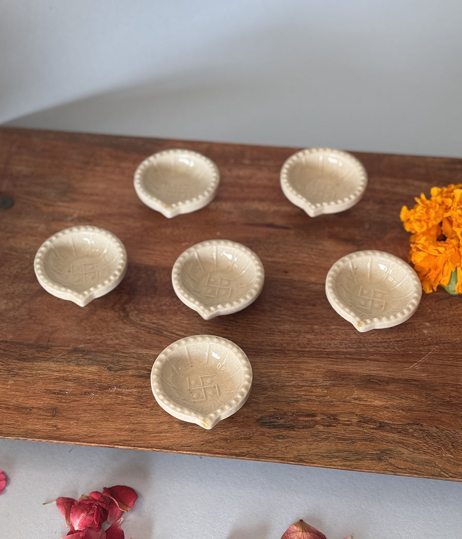 White Swastic Diya Set of 6