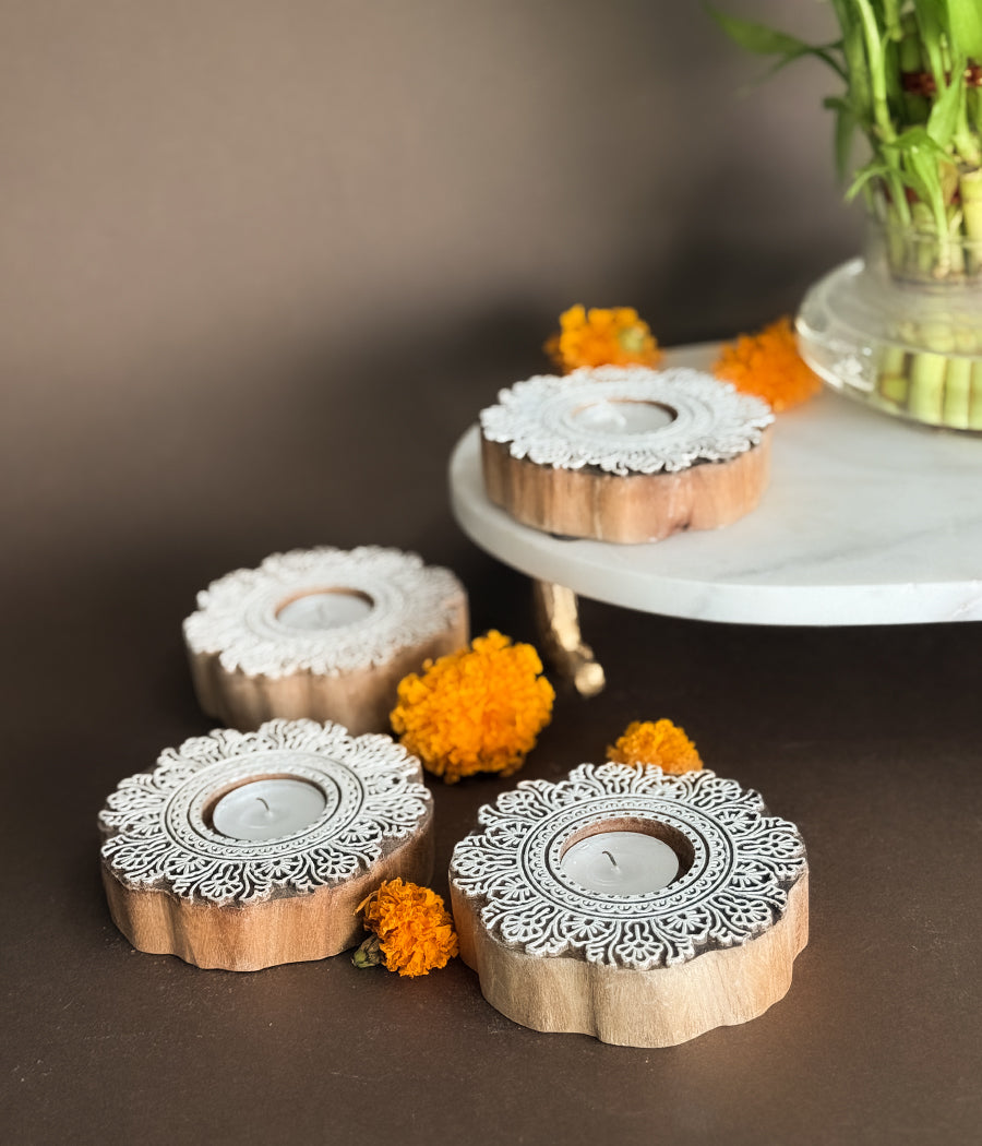 Flower Carved Wooden Diyas