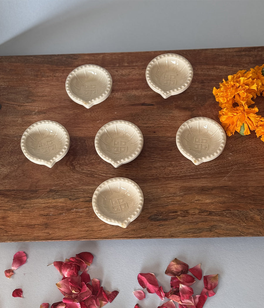 White Swastic Diya Set of 6