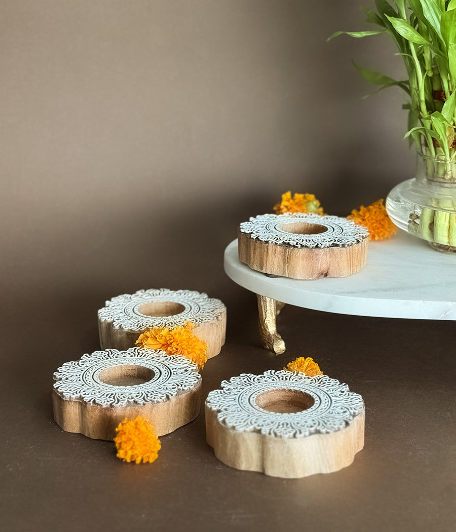 Flower Carved Wooden Diyas