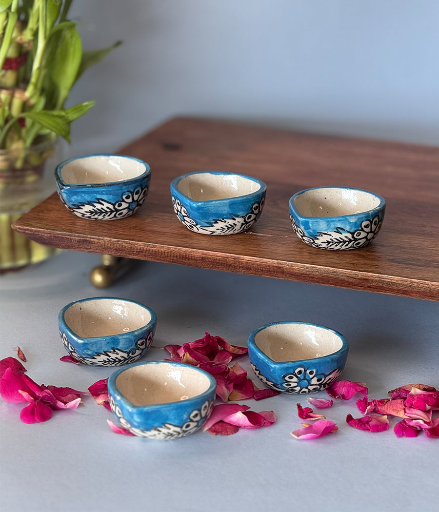 Blue Hand Painted Ceramic Diya - Set of 6