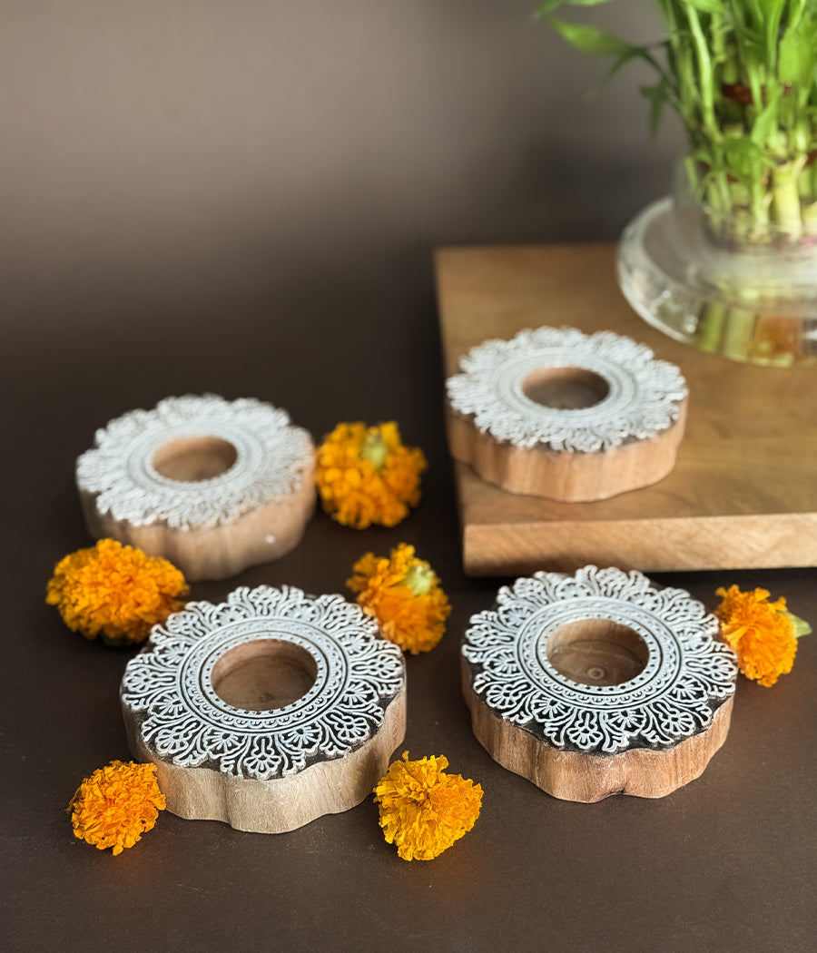 Flower Carved Wooden Diyas