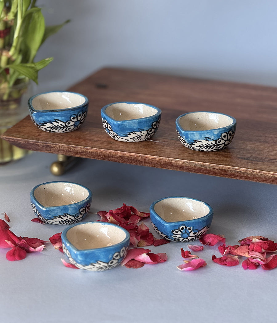 Blue Hand Painted Ceramic Diya - Set of 6