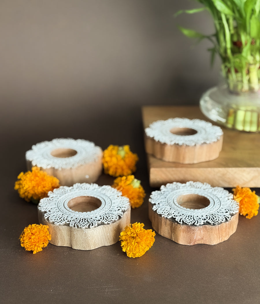 Flower Carved Wooden Diyas