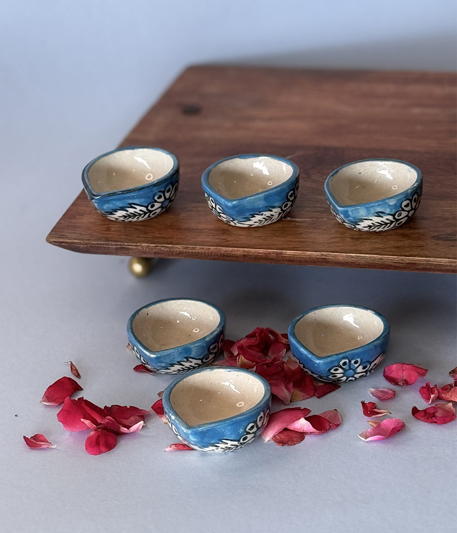 Blue Hand Painted Ceramic Diya - Set of 6