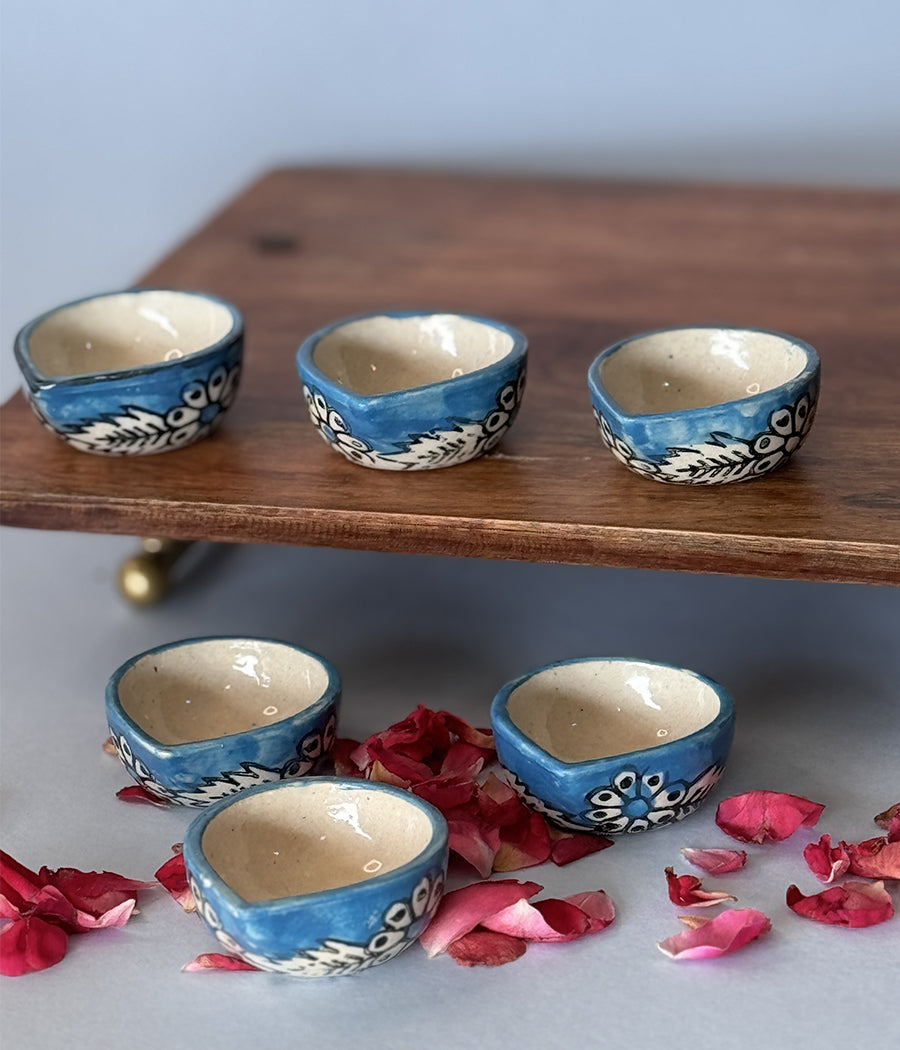 Blue Hand Painted Ceramic Diya - Set of 6