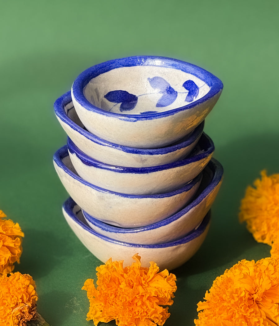 Blue Pottery Blue Lotus Design Diya - Set of 6