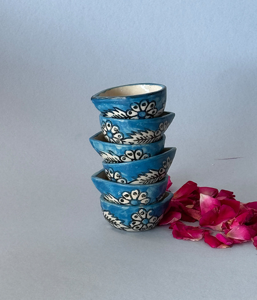 Blue Hand Painted Ceramic Diya - Set of 6