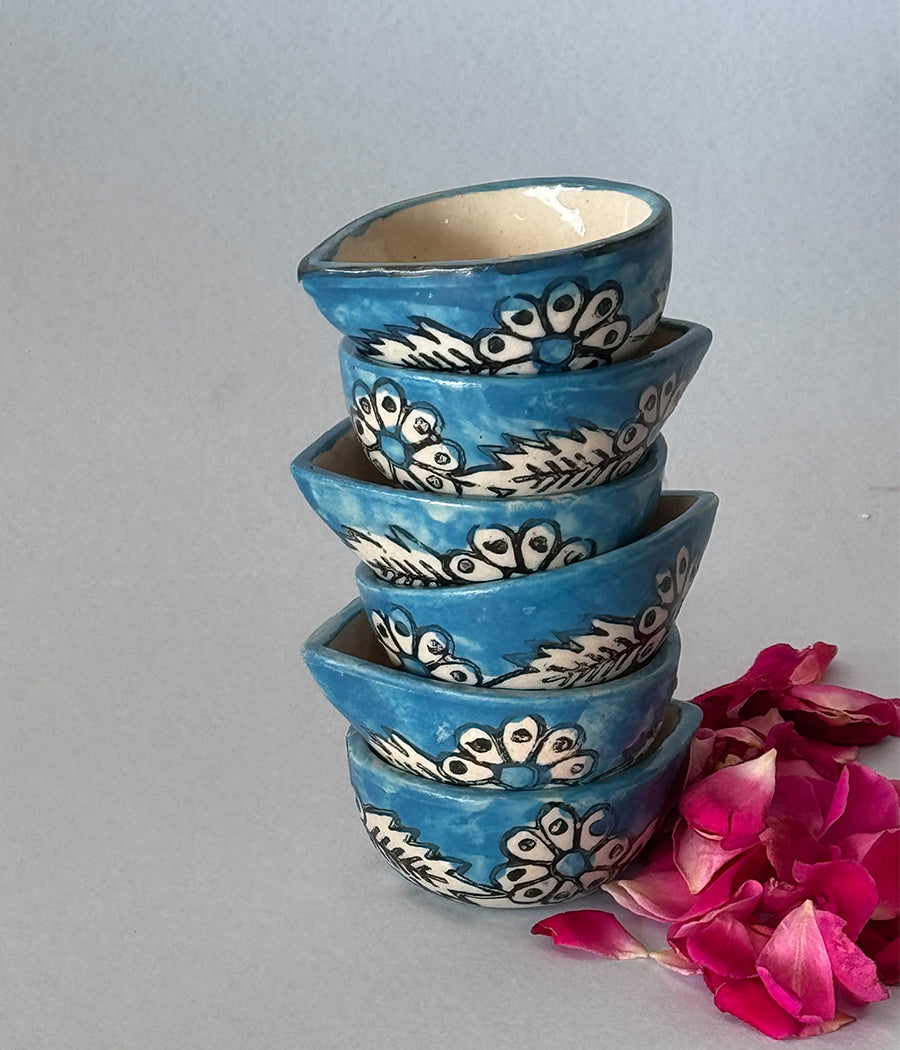 Blue Hand Painted Ceramic Diya - Set of 6