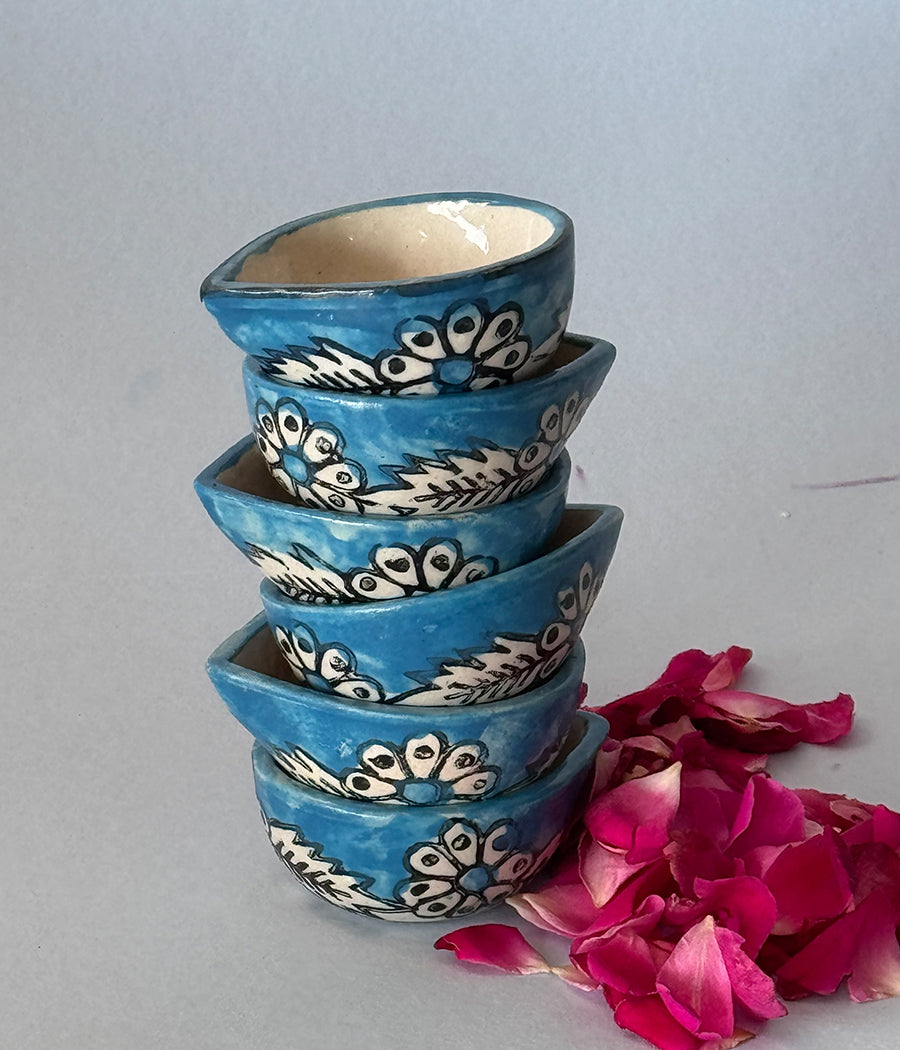 Blue Hand Painted Ceramic Diya - Set of 6