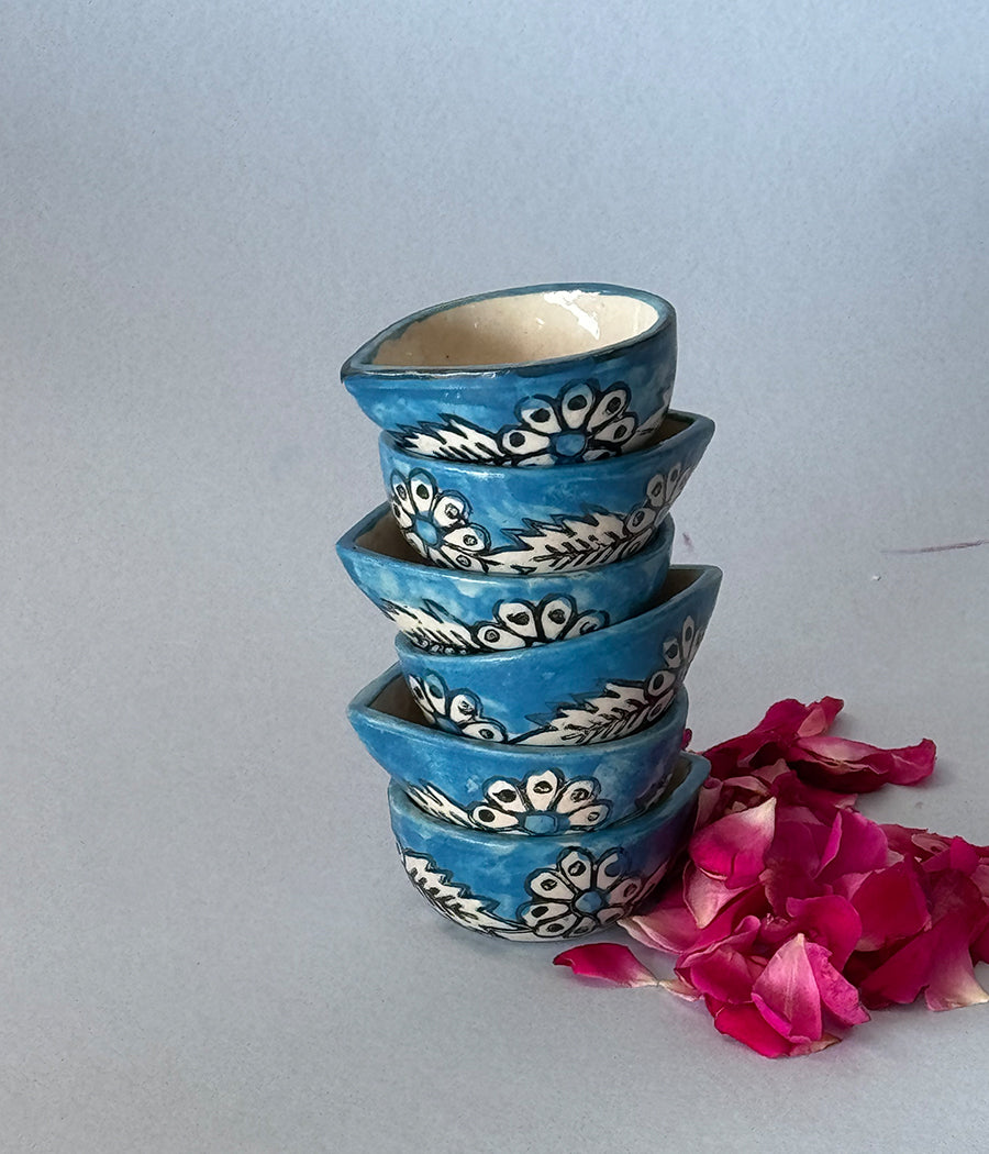 Blue Hand Painted Ceramic Diya - Set of 6