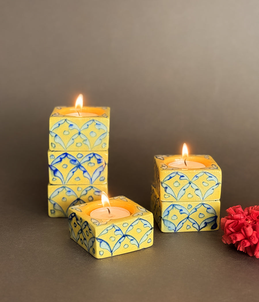 Blue Pottery Square Diyas - Set of 6