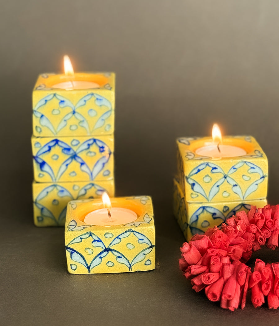 Blue Pottery Square Diyas - Set of 6