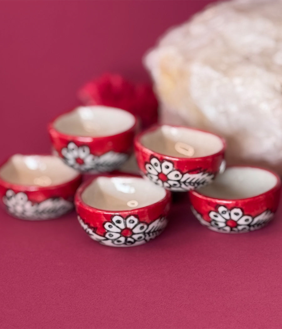 RED HAND PAINTED CERAMIC DIYA - SET OF 6