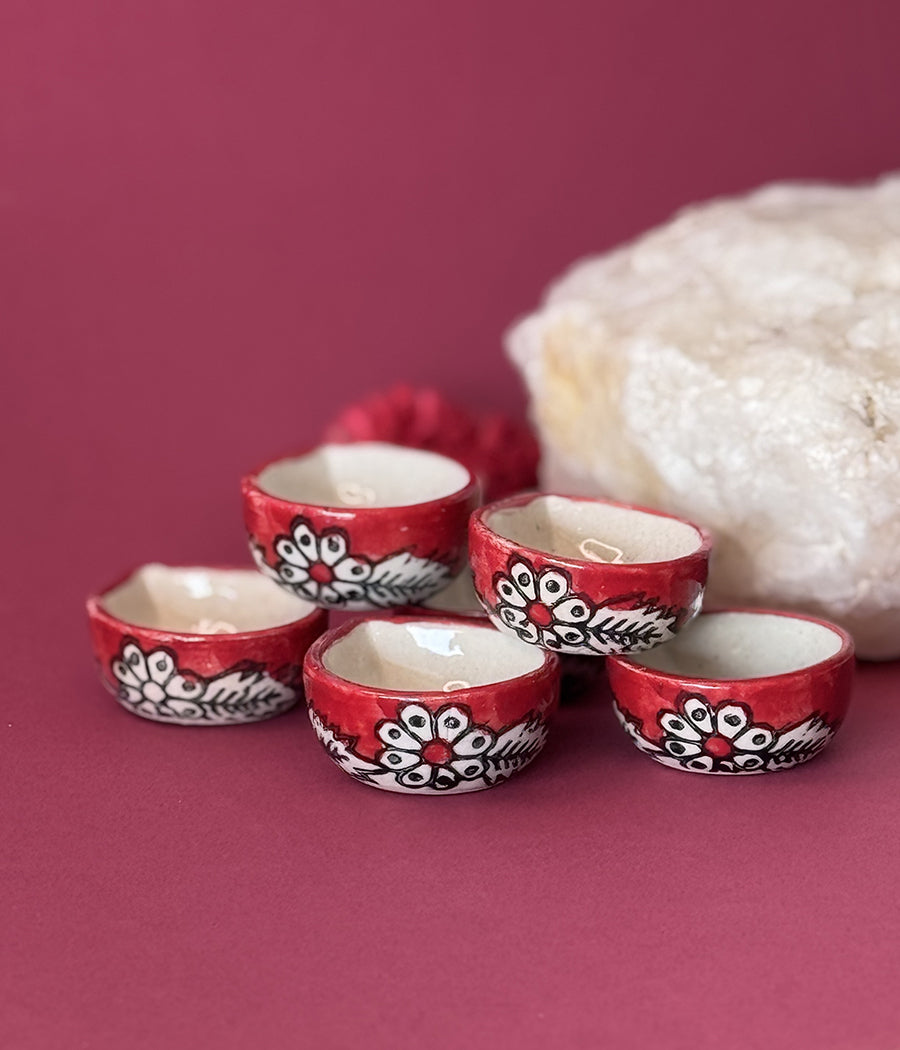 RED HAND PAINTED CERAMIC DIYA - SET OF 6