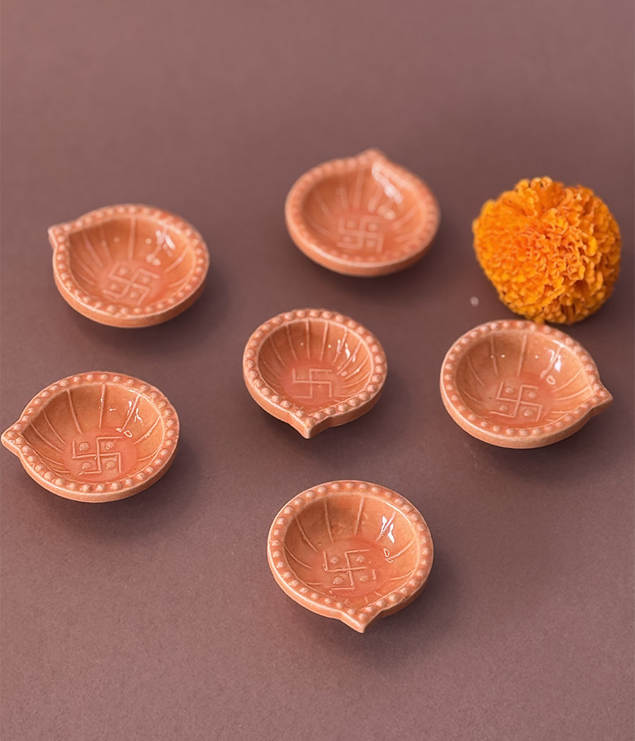 Peach Swastic Diya - Set of 6