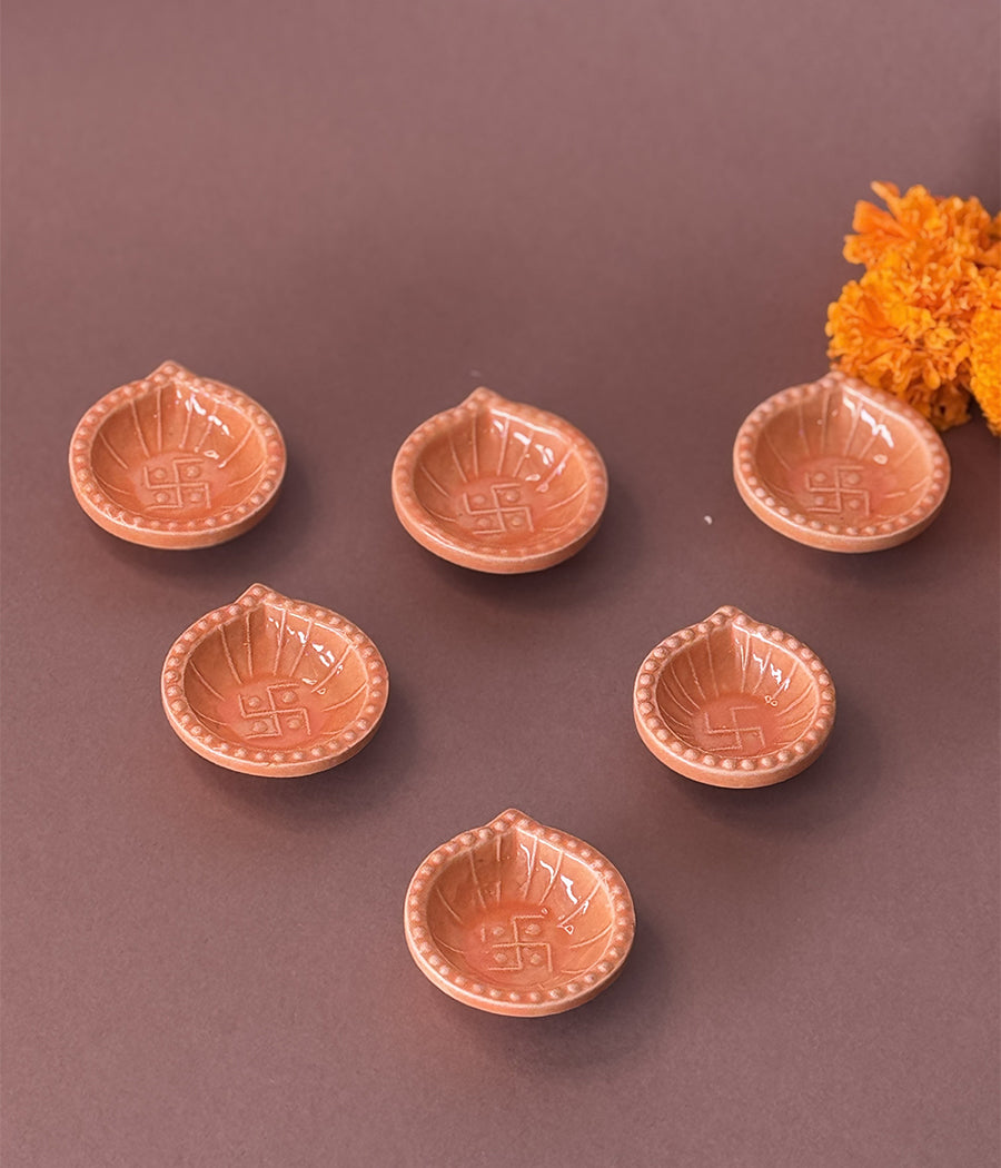 Peach Swastic Diya - Set of 6