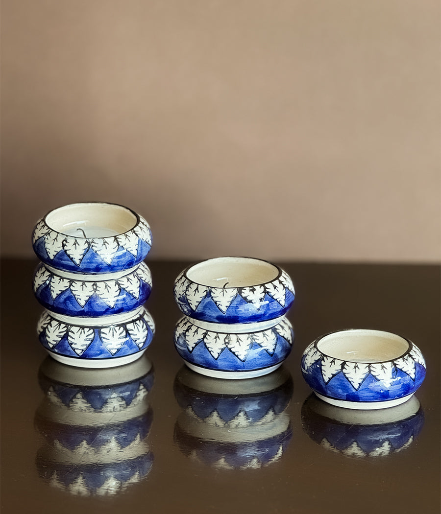 Blue Pottery Leaf design round Diyas - Set of 6