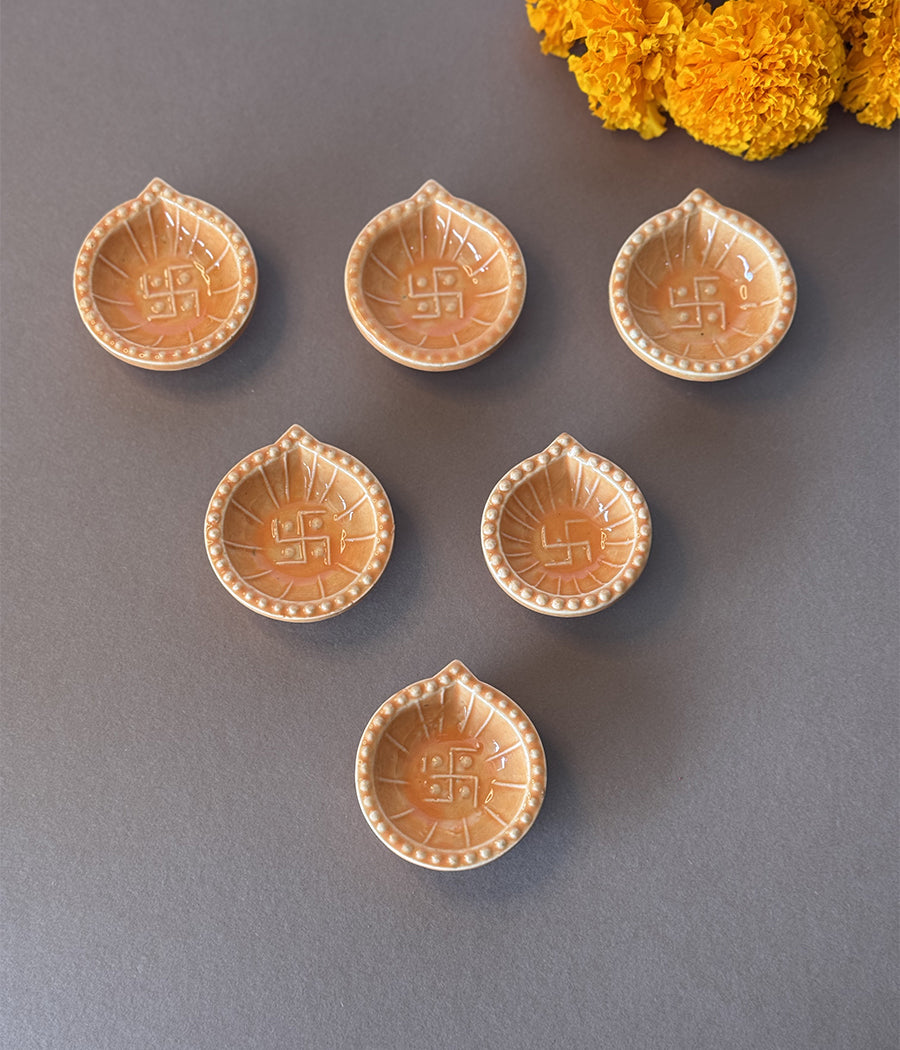 Peach Swastic Diya - Set of 6