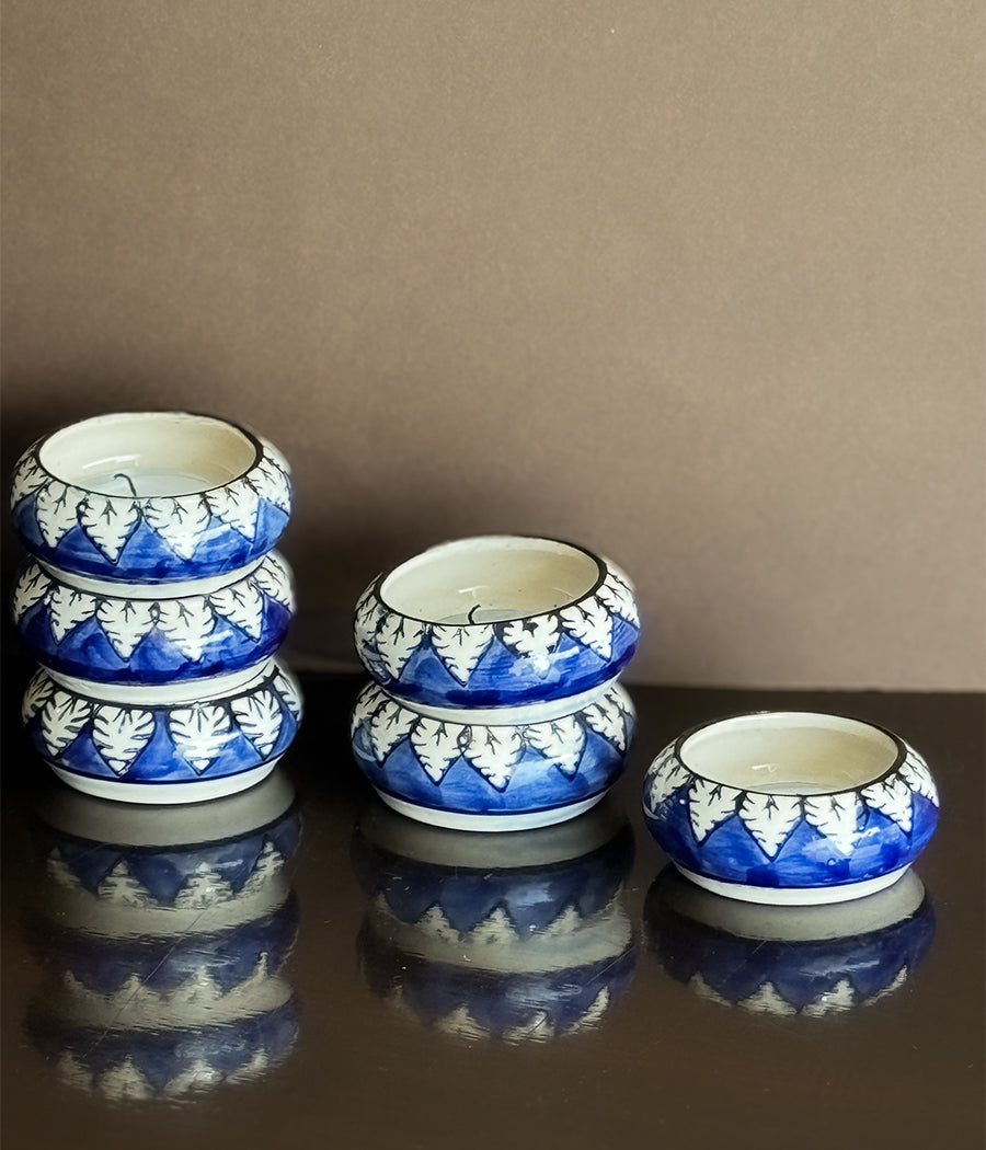 Blue Pottery Leaf design round Diyas - Set of 6