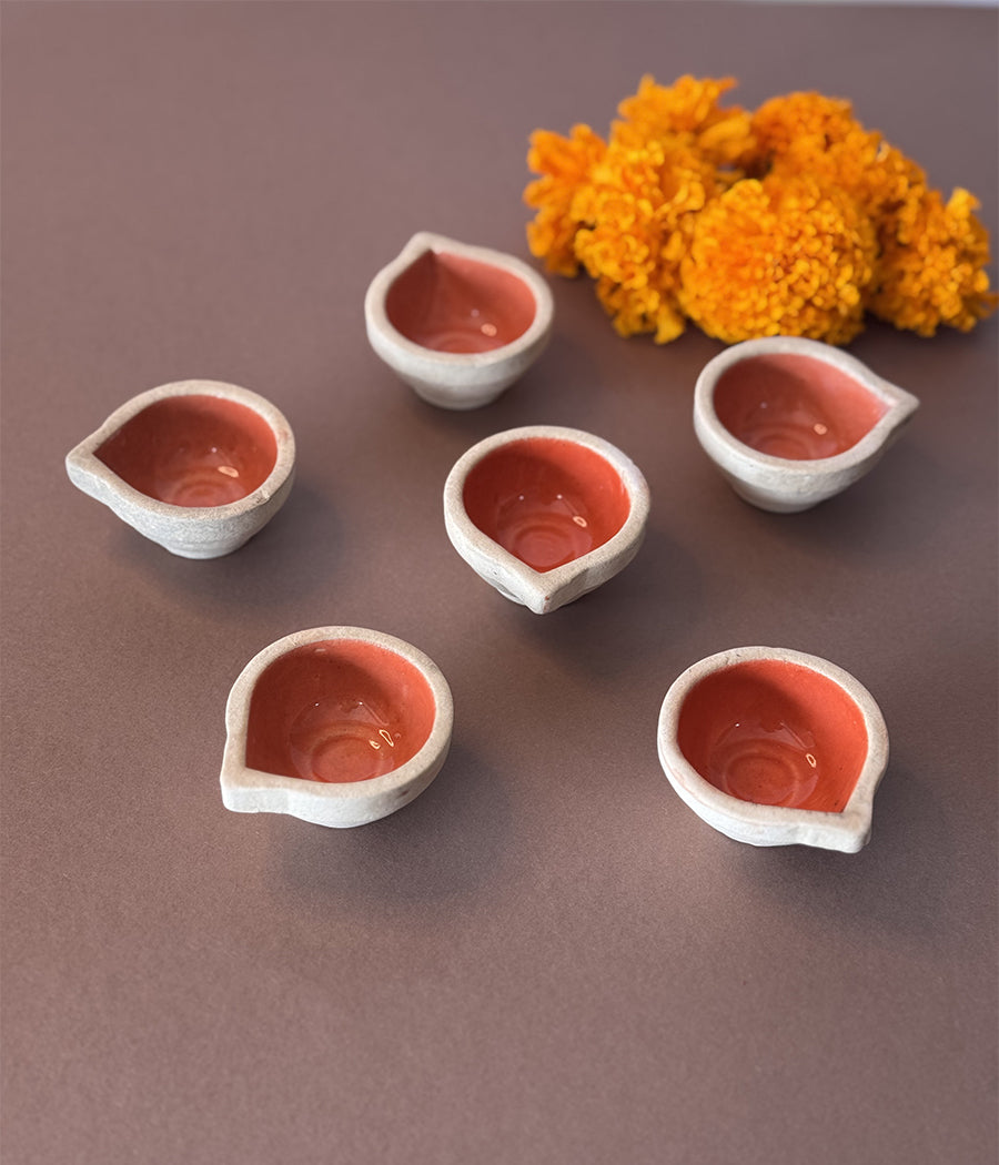 Orange Ceramic Diya - Set of 6