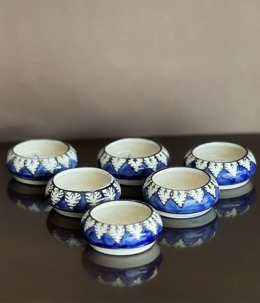 Blue Pottery Leaf design round Diyas - Set of 6