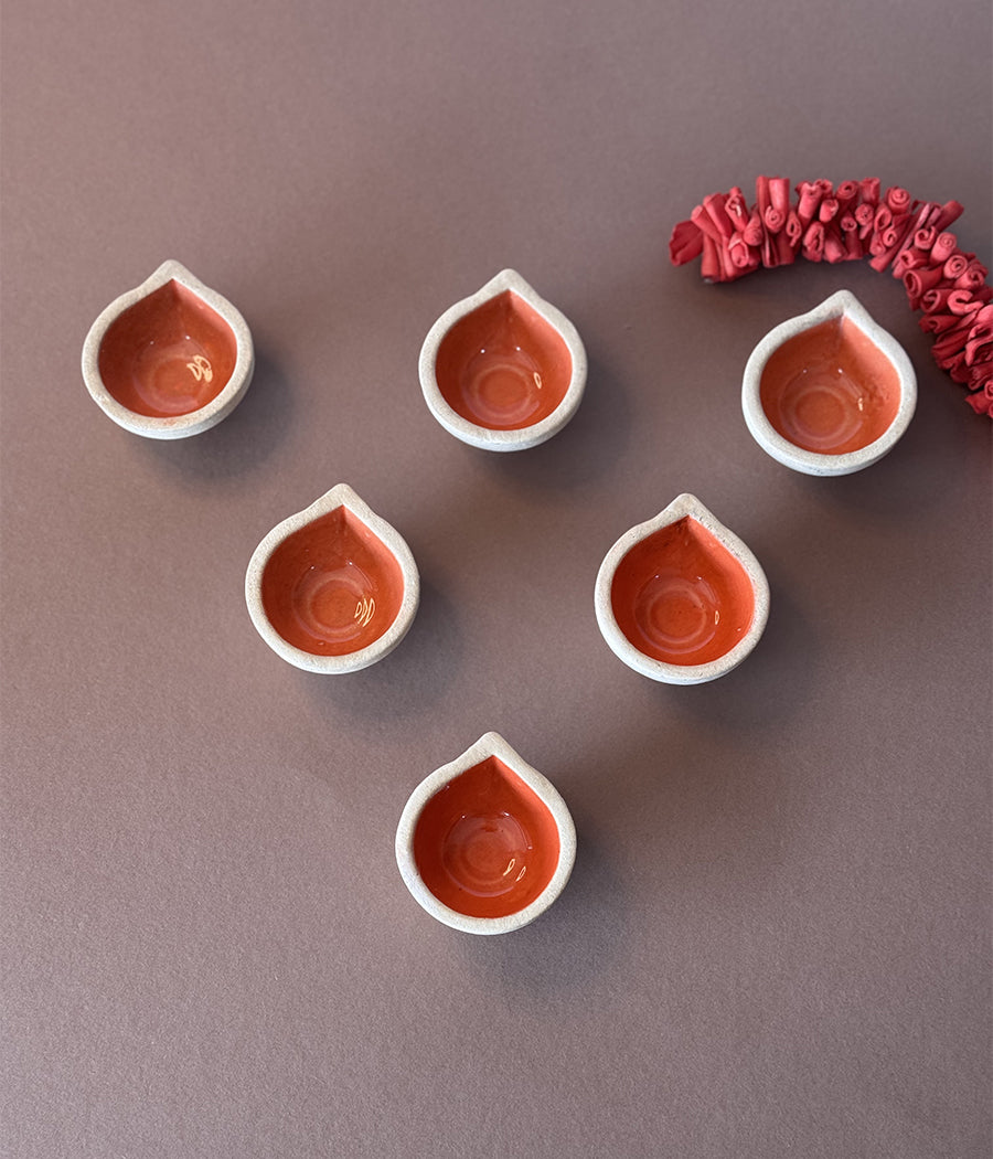 Orange Ceramic Diya - Set of 6