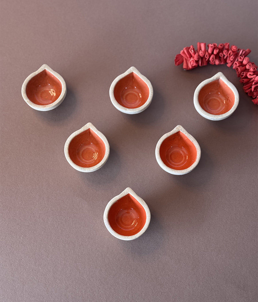 Orange Ceramic Diya - Set of 6