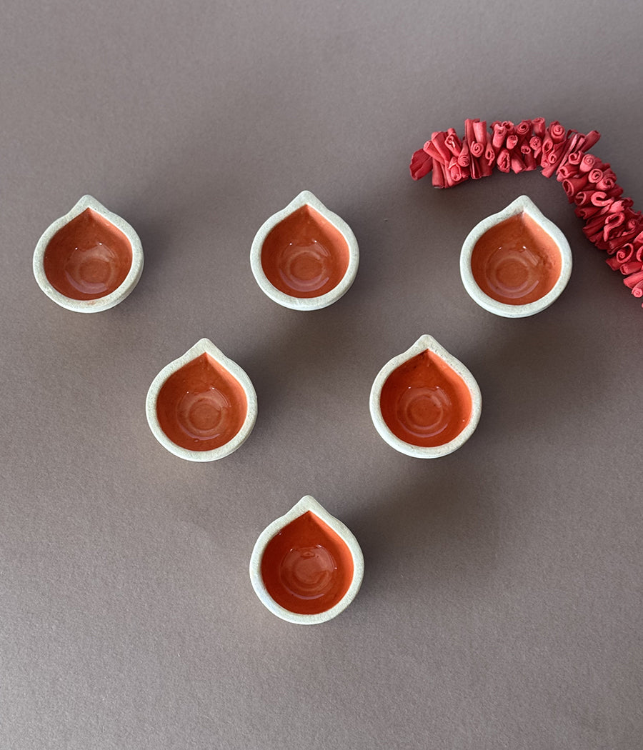 Orange Ceramic Diya - Set of 6