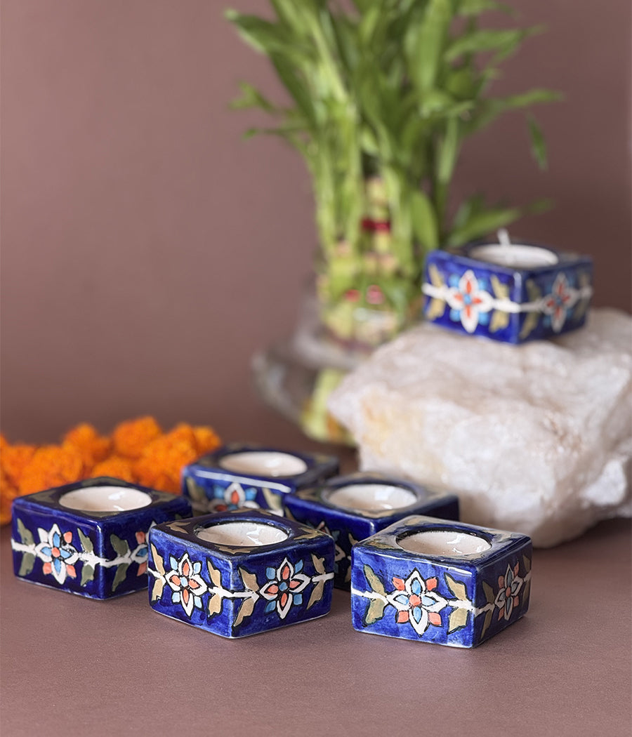 Blue Diya with yellow floral Design - Set of 6