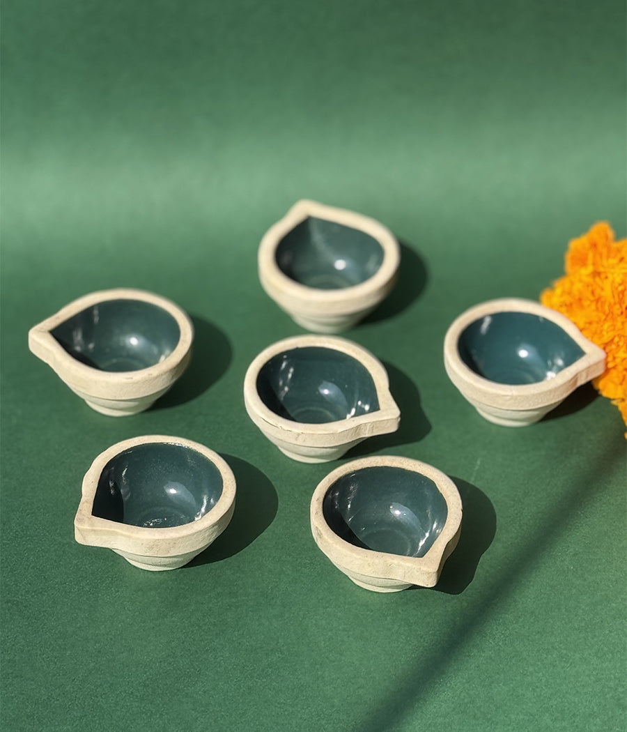 Green Ceramic Diya - Set of 6