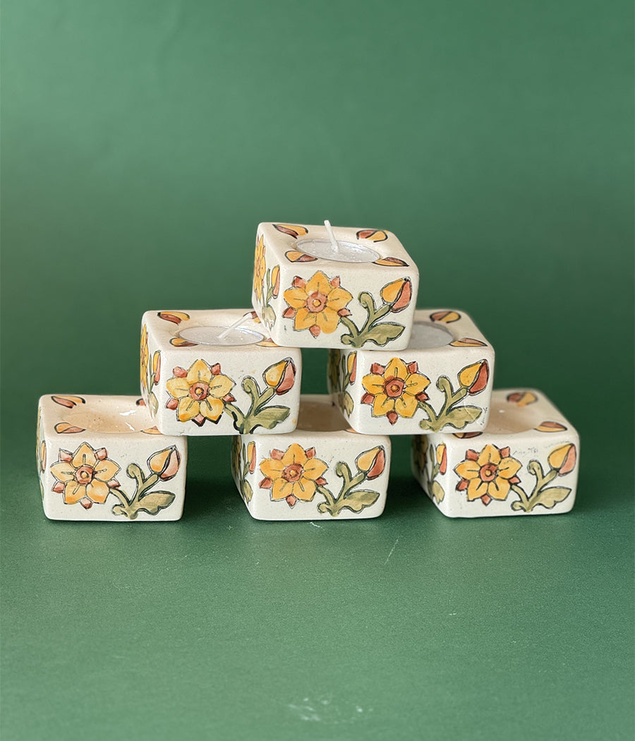 White Diya with Yellow Floral  Design -  Set of 6