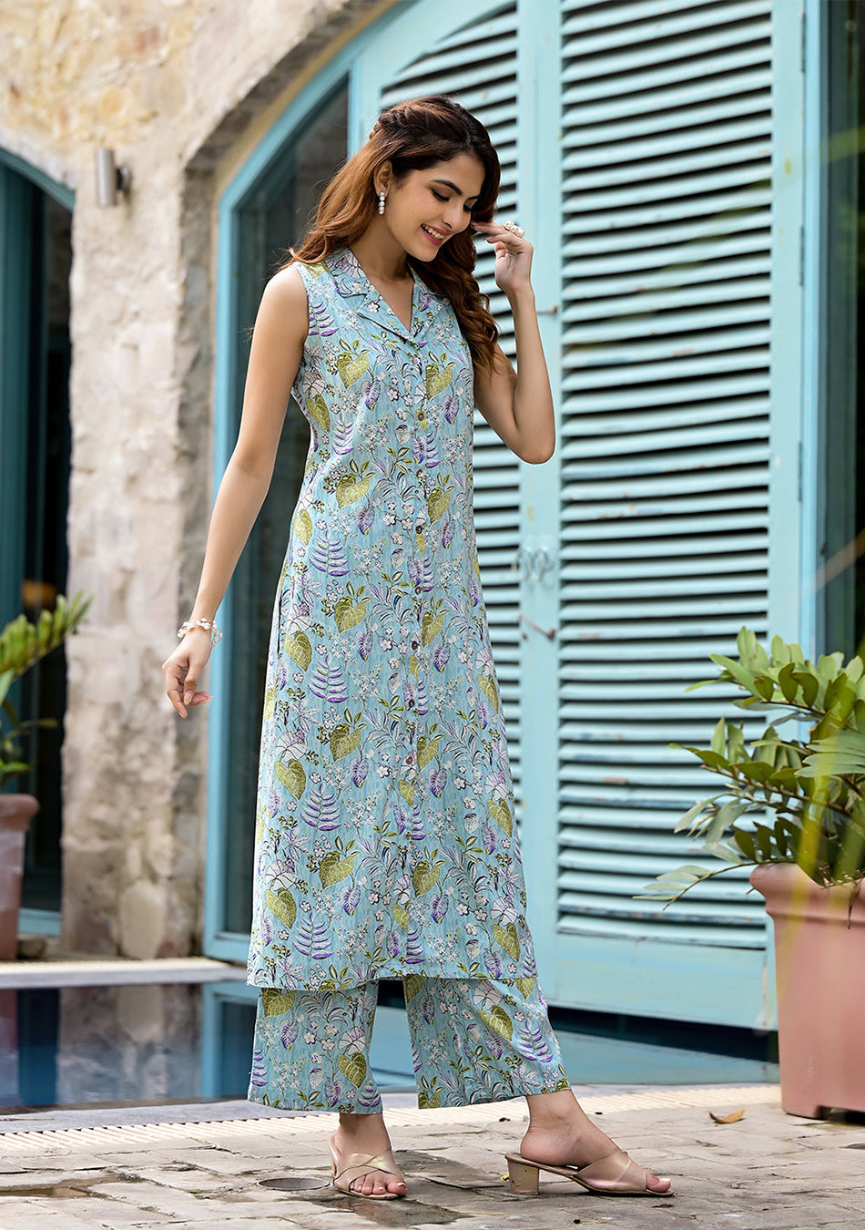 Sky Blue Floral Printed A-Line Rayon Kurta Set