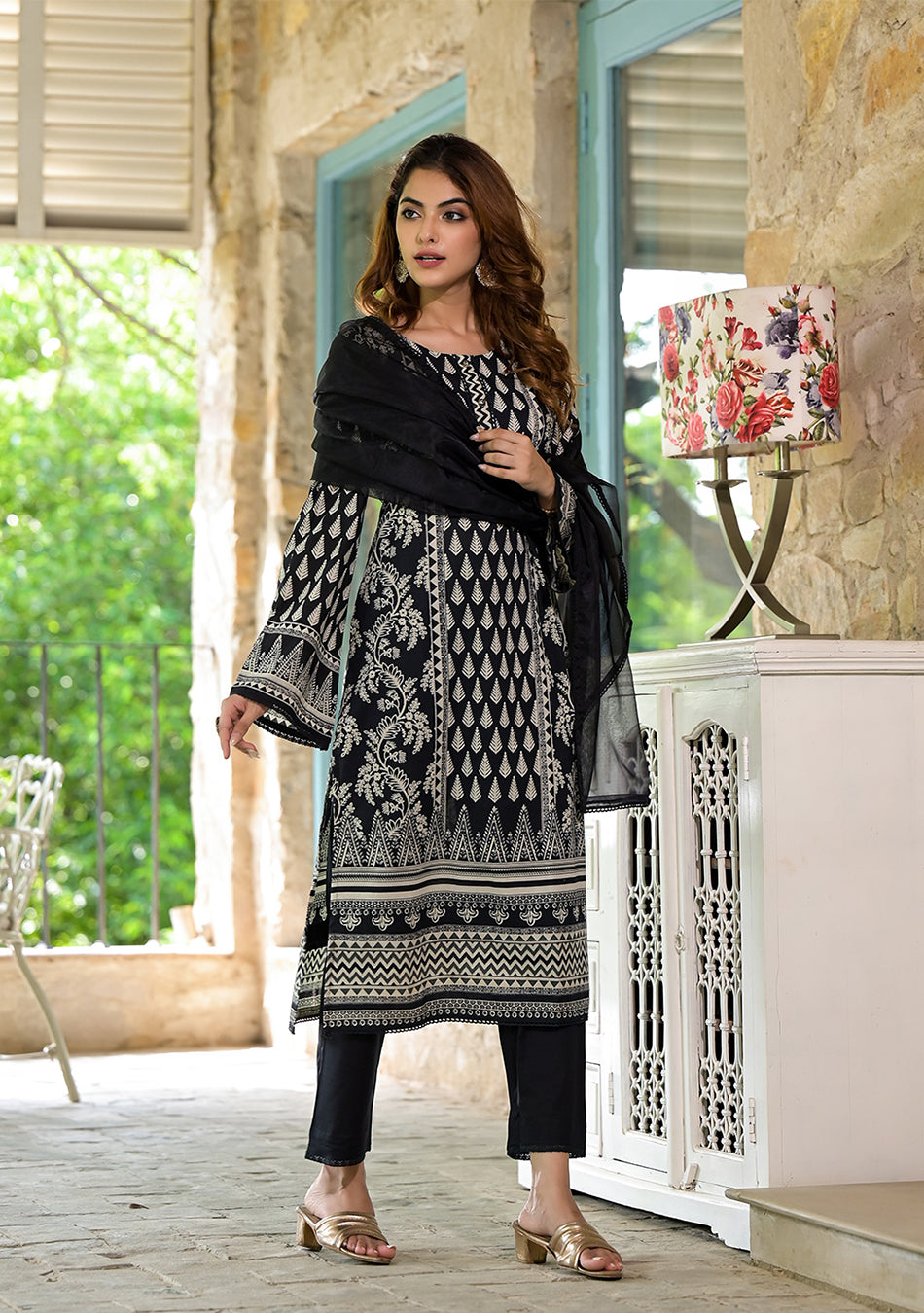 Black Cotton Straight Fit Knee Long Kurta Set for Women