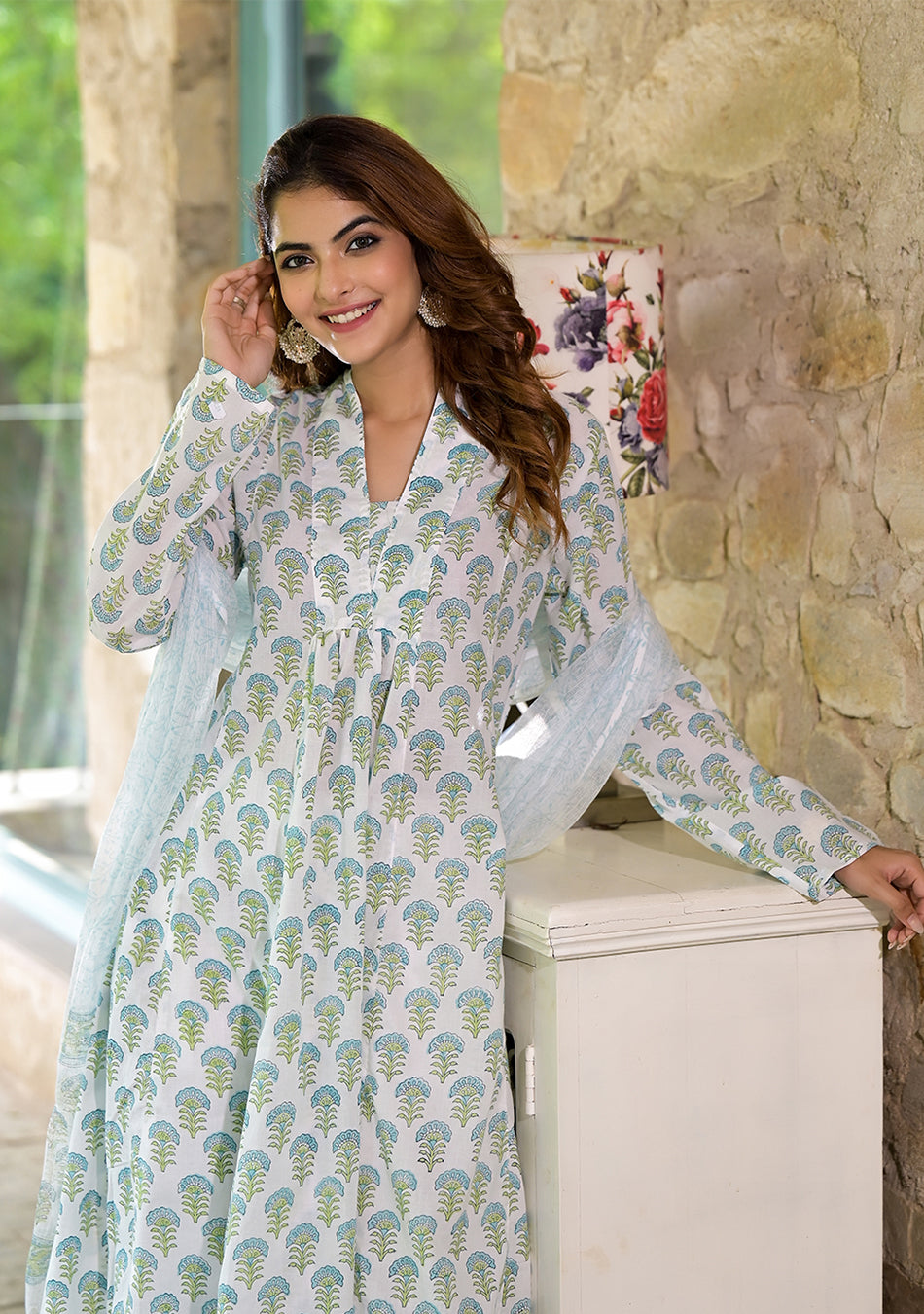 White & Green Floral Handblock Printed Cotton Anarkali Kurta Set