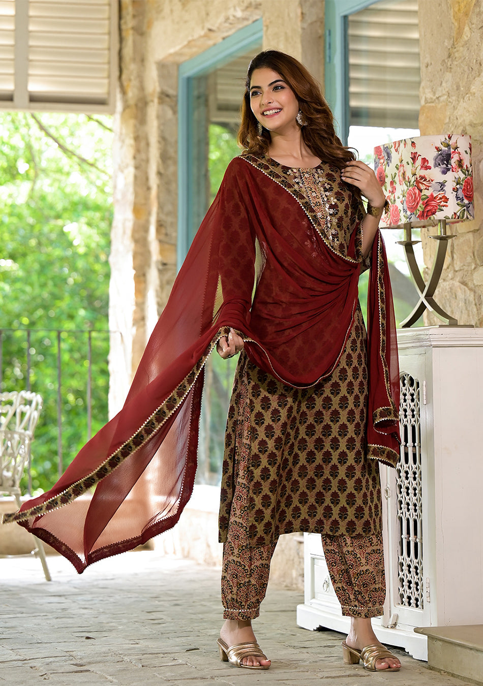 Brown Straight fit Zardozi Work Knee Long Cotton Kurta Set for women