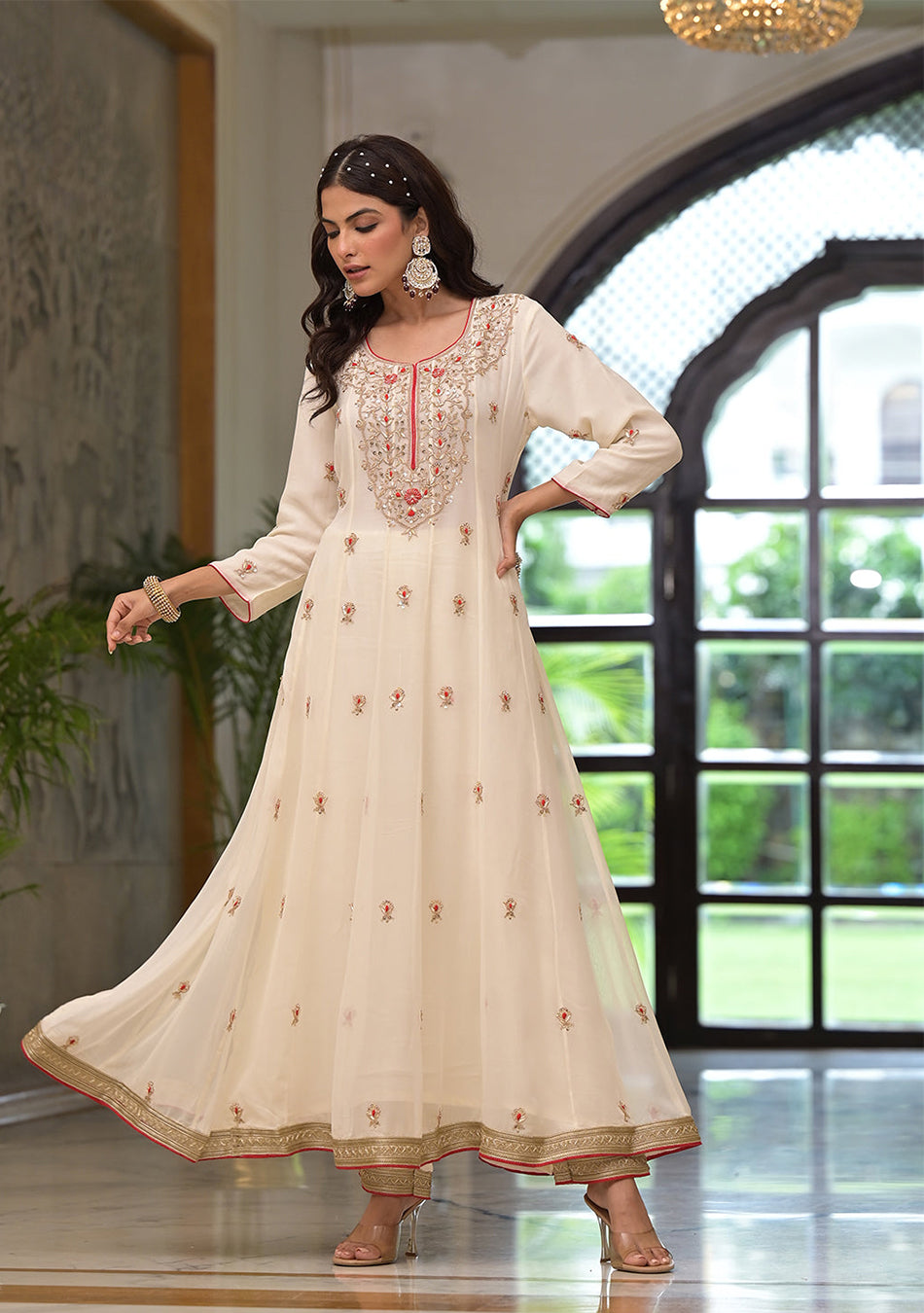 Cream Embroidered Zari Work Georgette  Kurta Set