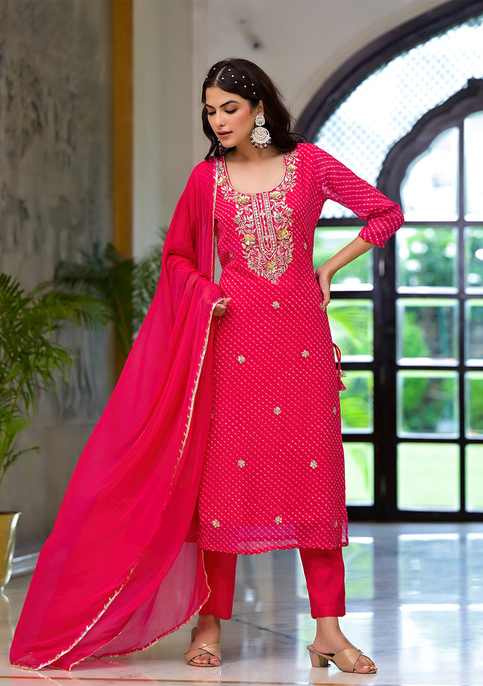 Pink Leheriya Print Georgette Fabric Straight Kurta & Trouser with Dupatta