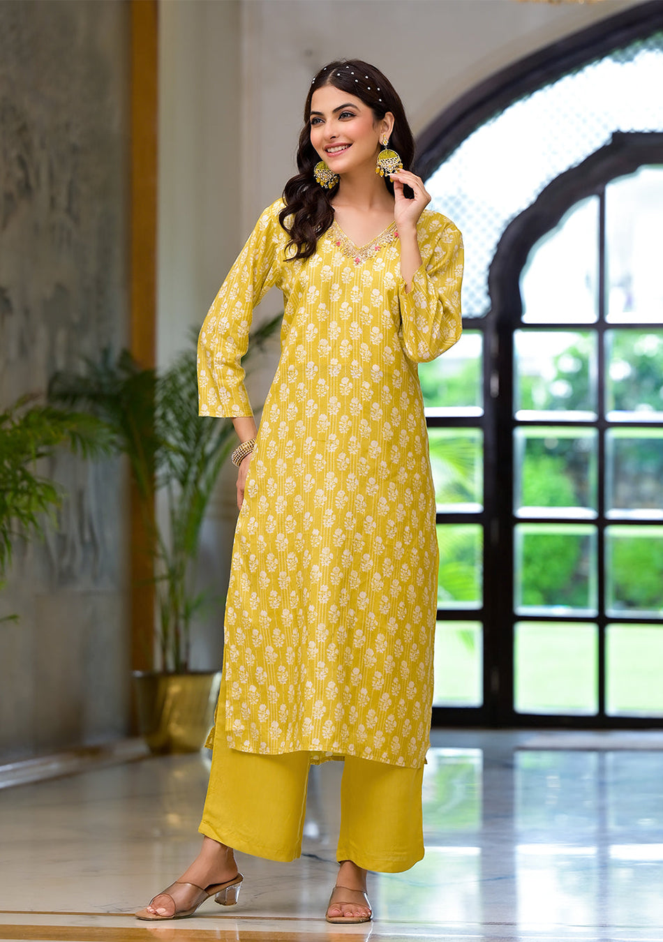 Yellow Printed Muslin Straight Kurta & Trouser with Dupatta