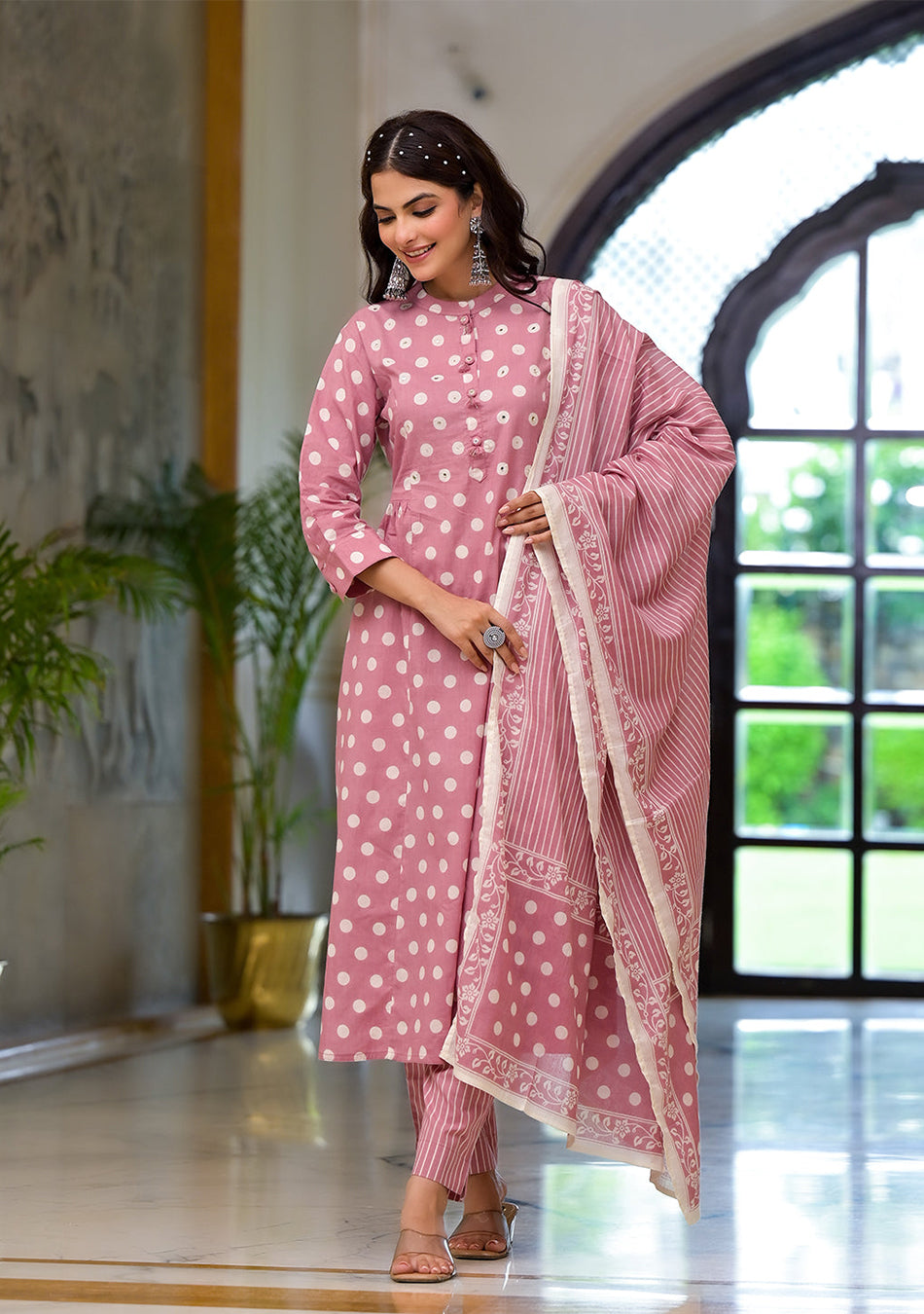 Light Pink Printed Pure Cotton Straight Kurta & Trouser with Dupatta