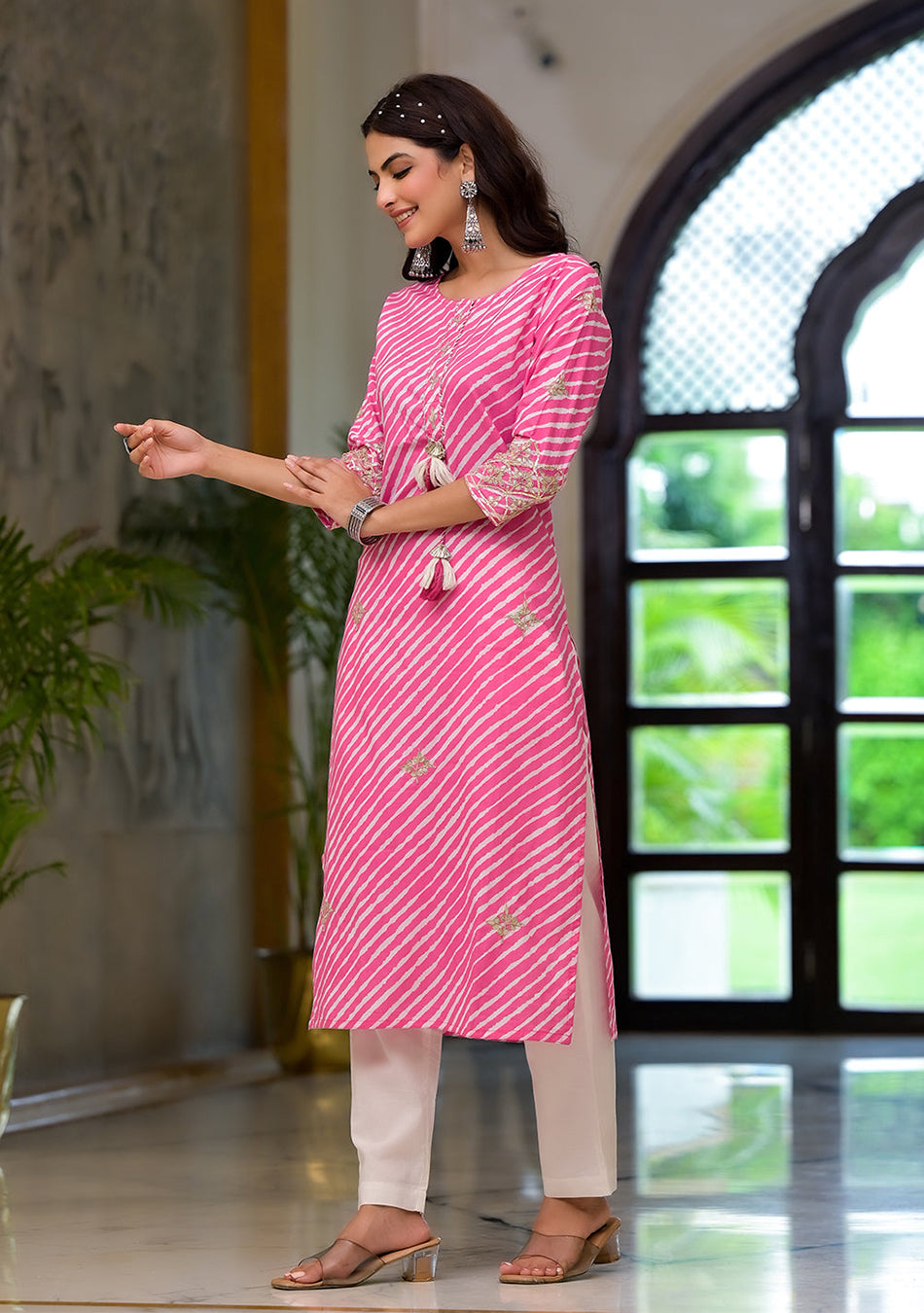 Pink Leheriya Print Embroidered Pure Cotton Straight Kurta