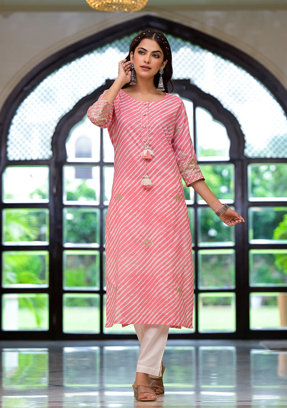 Peach Leheriya Print Embroidered Pure Cotton Straight Kurta