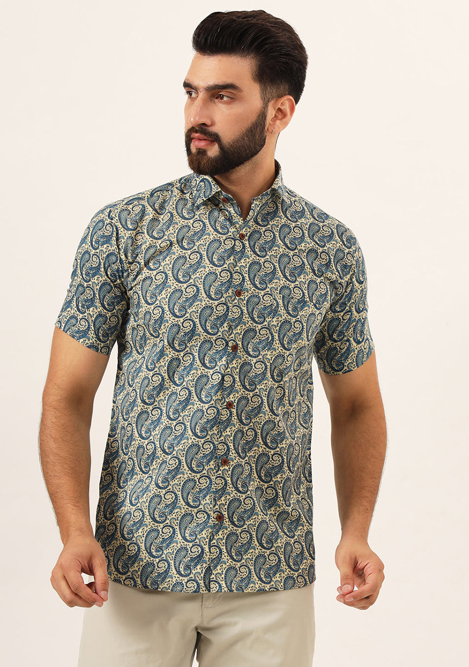 Beige Paisley Print Pure Cotton Regular Fit Casual Shirt