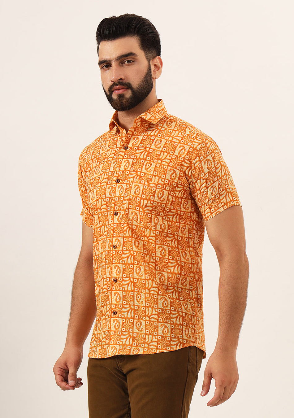 Orange Paisley Print Pure Cotton Regular Fit Casual Shirt